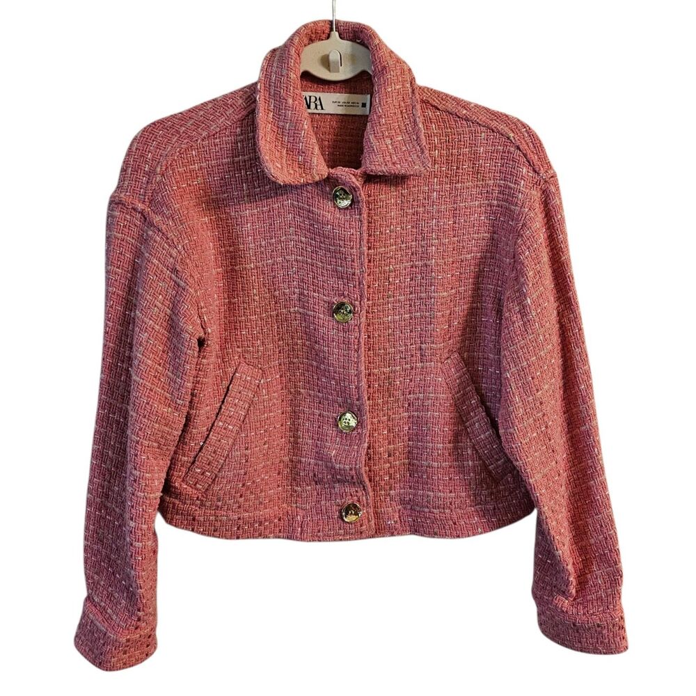 Zara Blazer Jacket Womens XS Pink Wool Overshirt Textured Sequin‎ Bloggers Fave